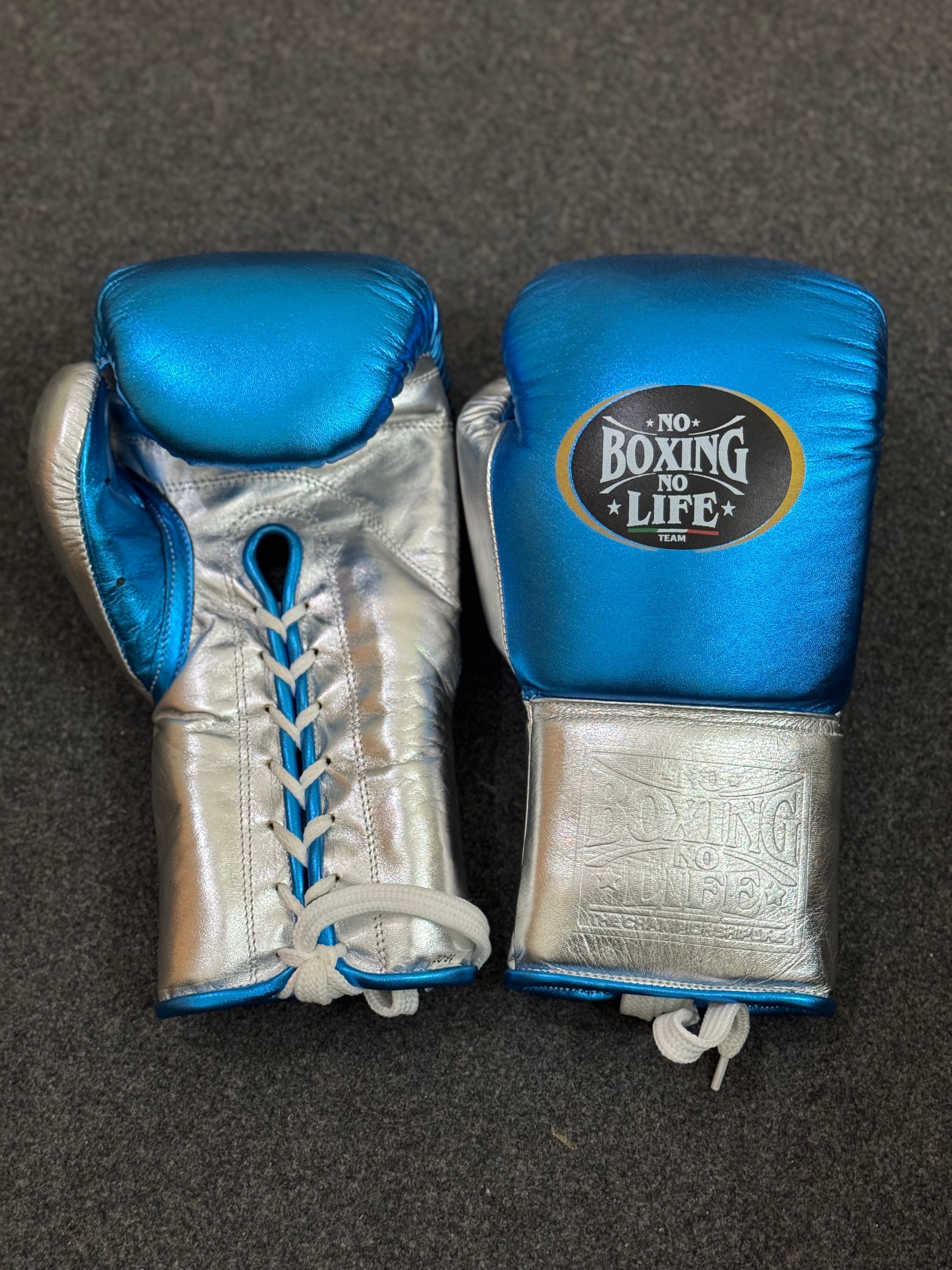 NO BOXING NO LIFE TRAINING GLOVES - METALLIC BLUE & SILVER | 100% Pure Leather | Best Choice for Fighters
