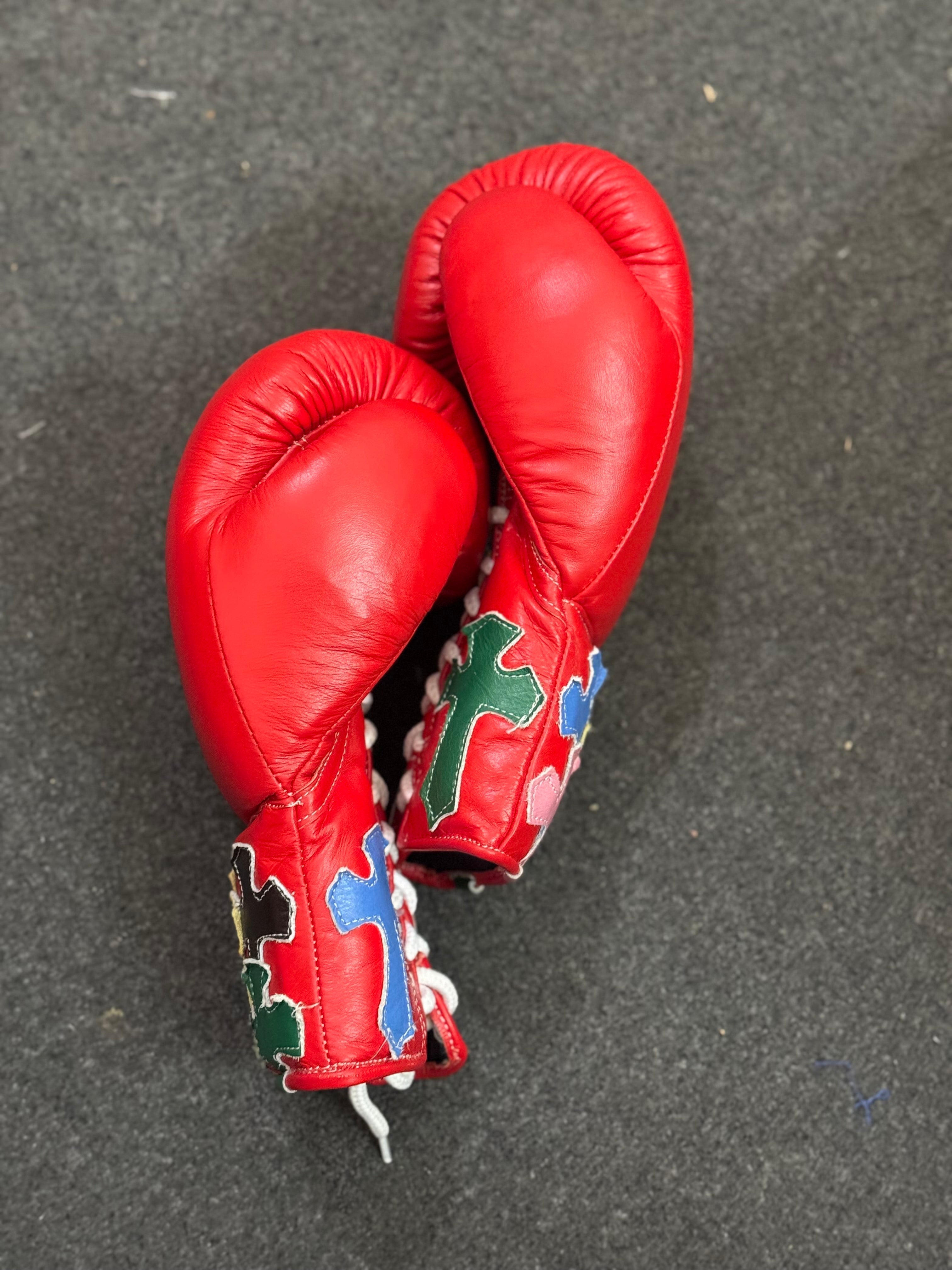 Red Handmade Chrome Heart Boxing Gloves | Limited Edition | Premium Quality | Cowhide Leather | Personalise your Logo or Name