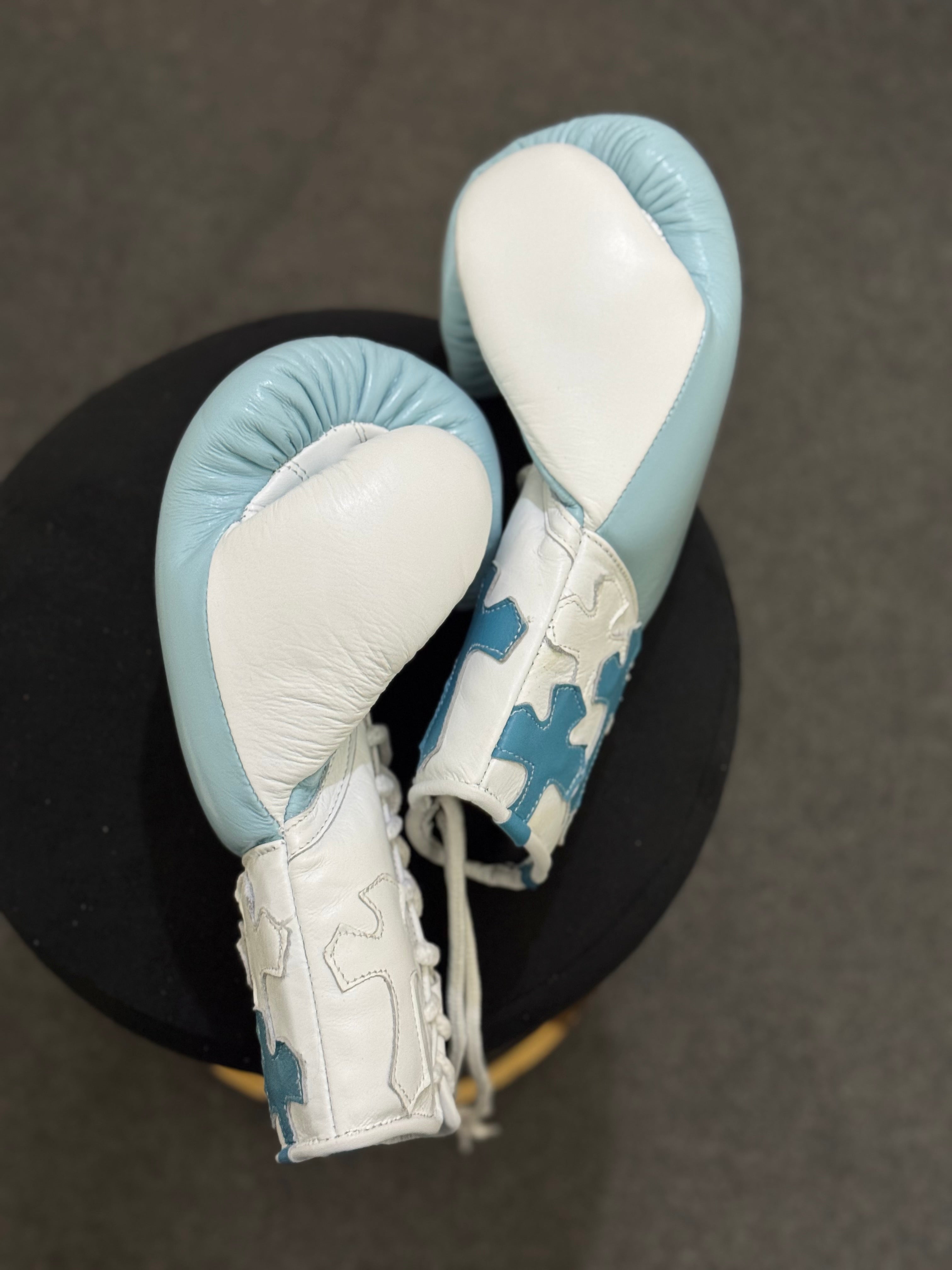 Sky Blue & White - Handmade Chrome Heart Boxing Gloves | Limited Edition | Premium Quality | Cowhide Leather | Personalise your Logo or Name