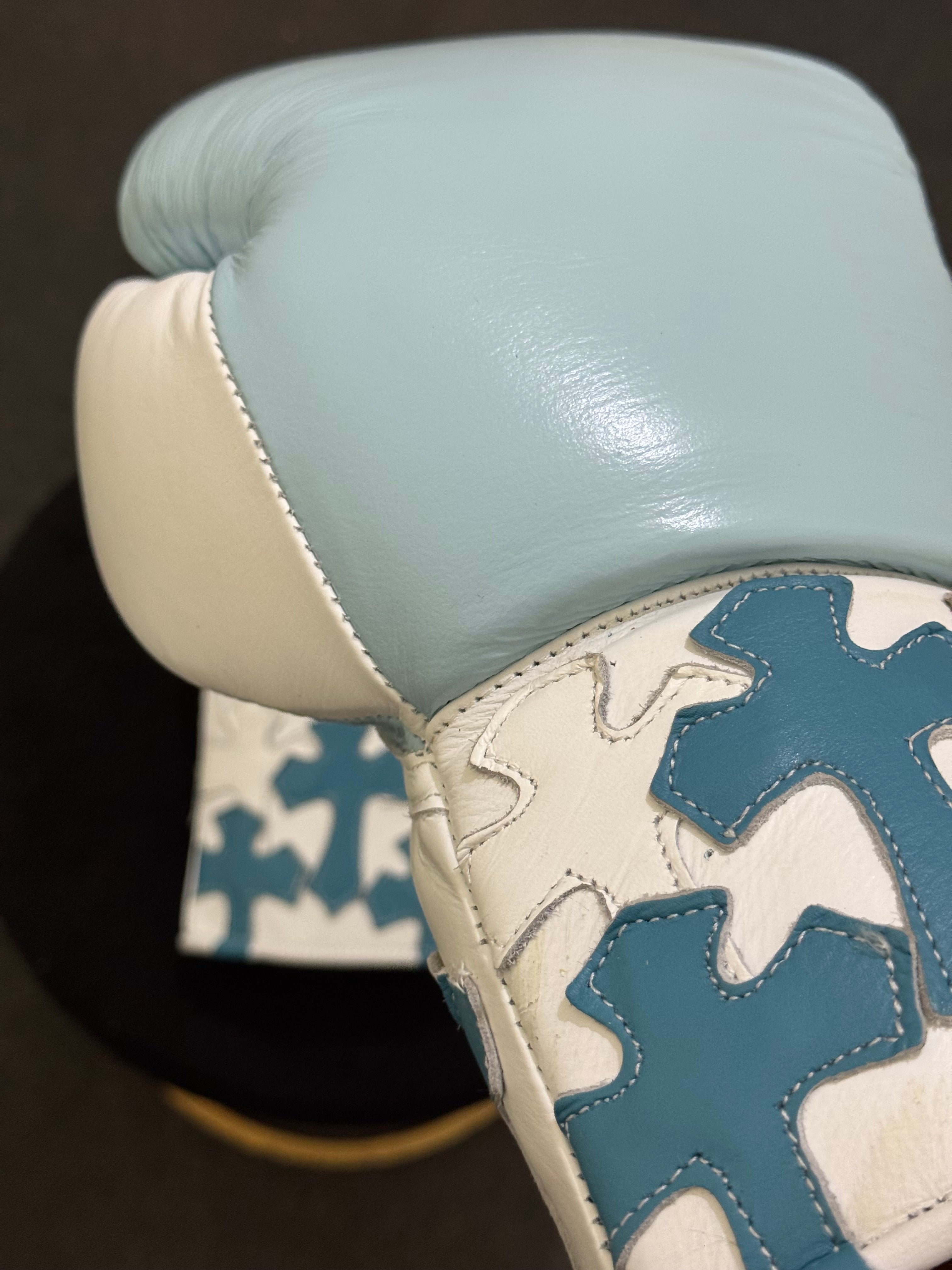 Sky Blue & White - Handmade Chrome Heart Boxing Gloves | Limited Edition | Premium Quality | Cowhide Leather | Personalise your Logo or Name