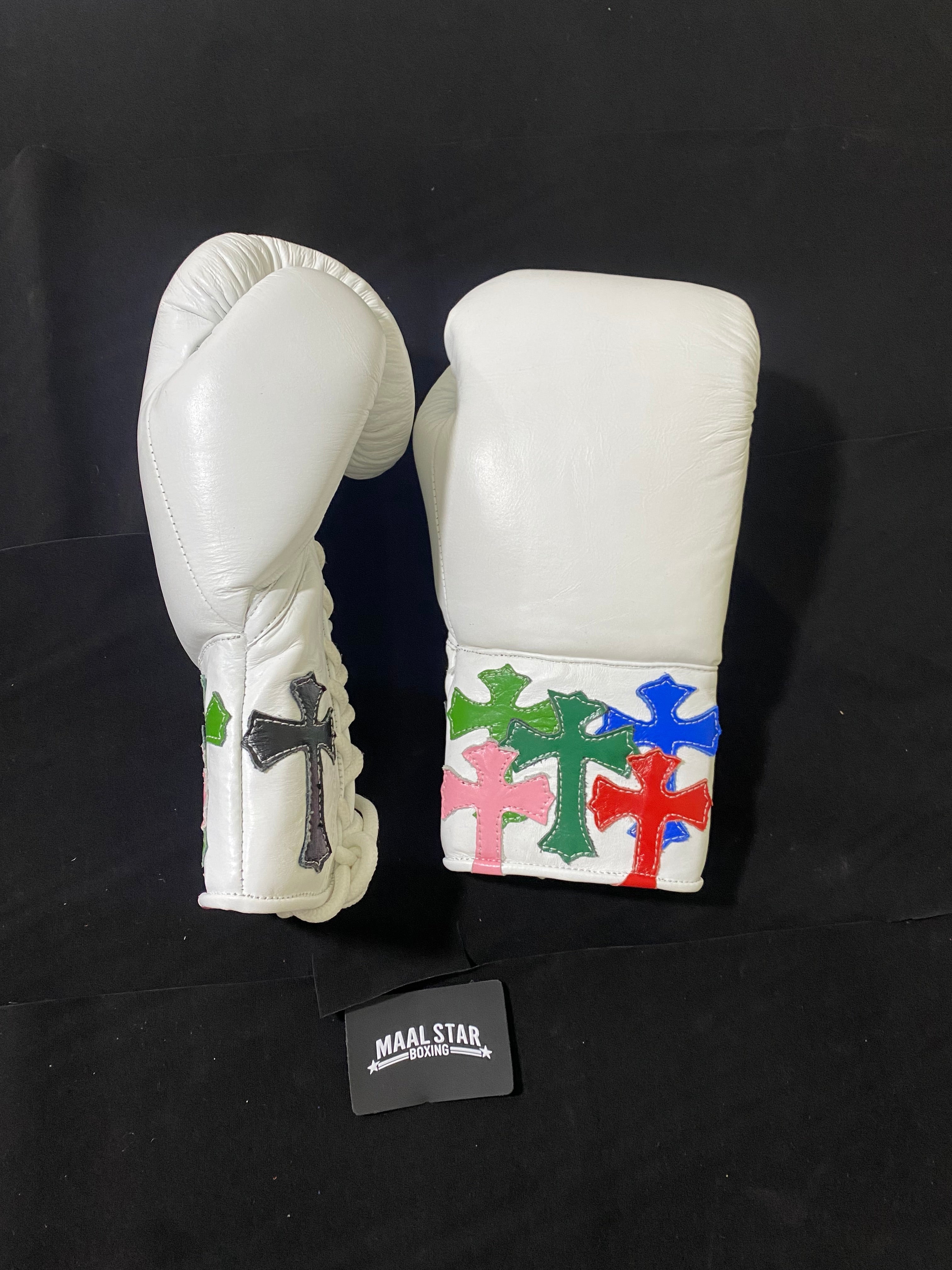 Custom Handmade Chrome Heart Boxing Gloves White | Premium Quality | Cowhide Leather | Personalise your Logo or Name