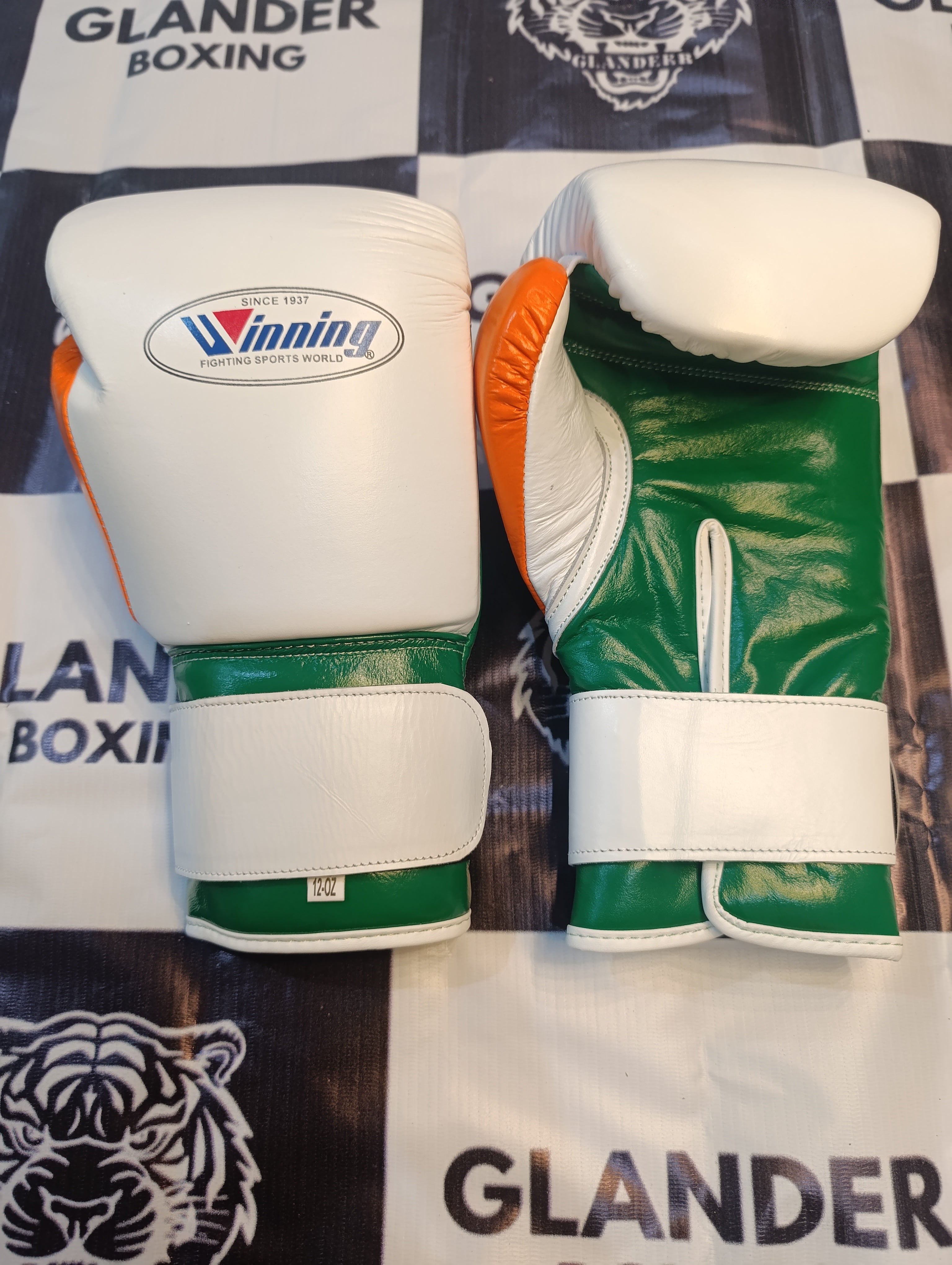 Tri-Color Winning Style Boxing Gloves | White, Orange & Green | Handmade Premium Boxing Gloves | Professional Training Gear