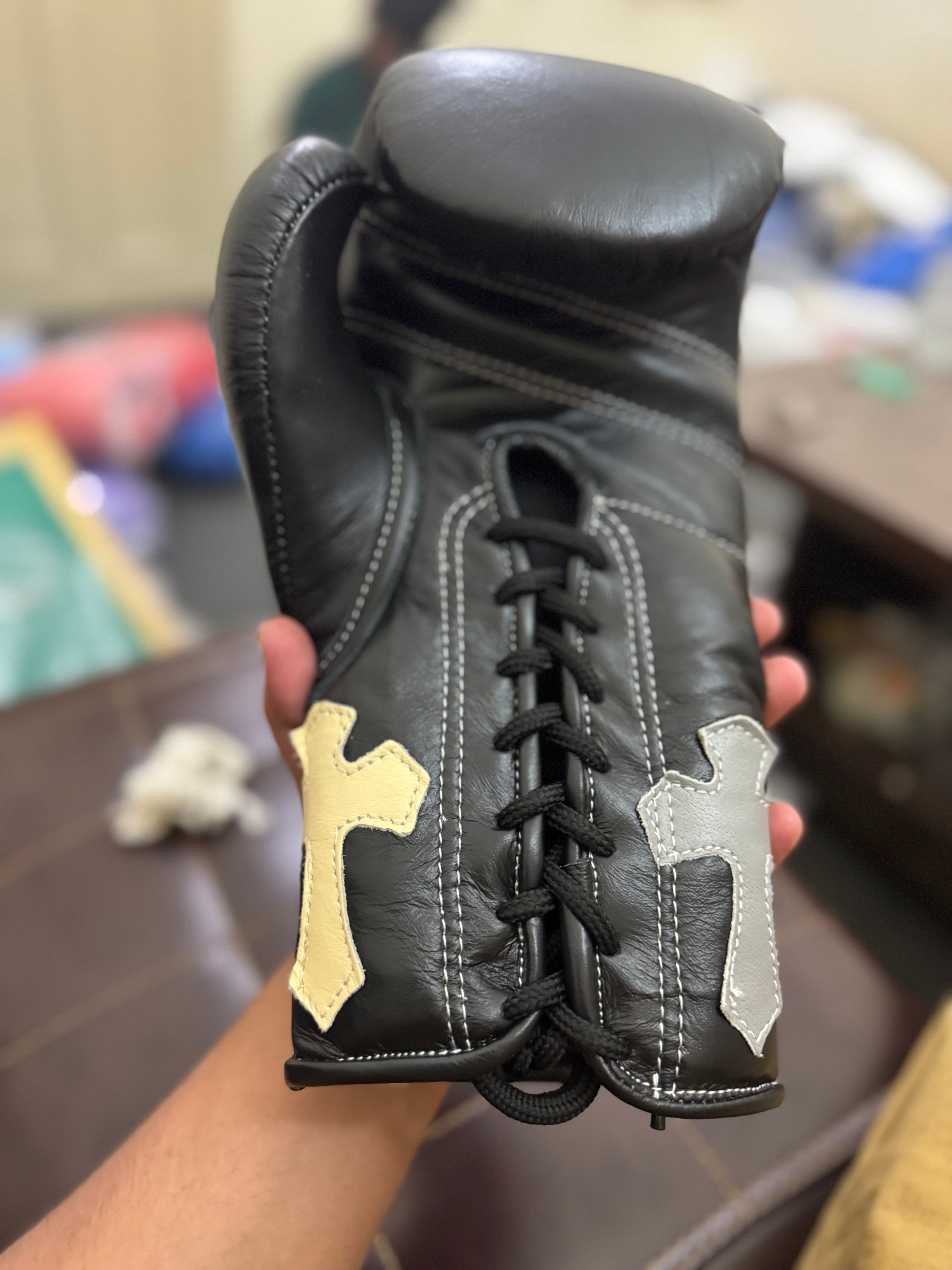 Black Handmade Chrome Heart Boxing Gloves | Limited Edition | Premium Quality | Cowhide Leather | Personalise your Logo or Name