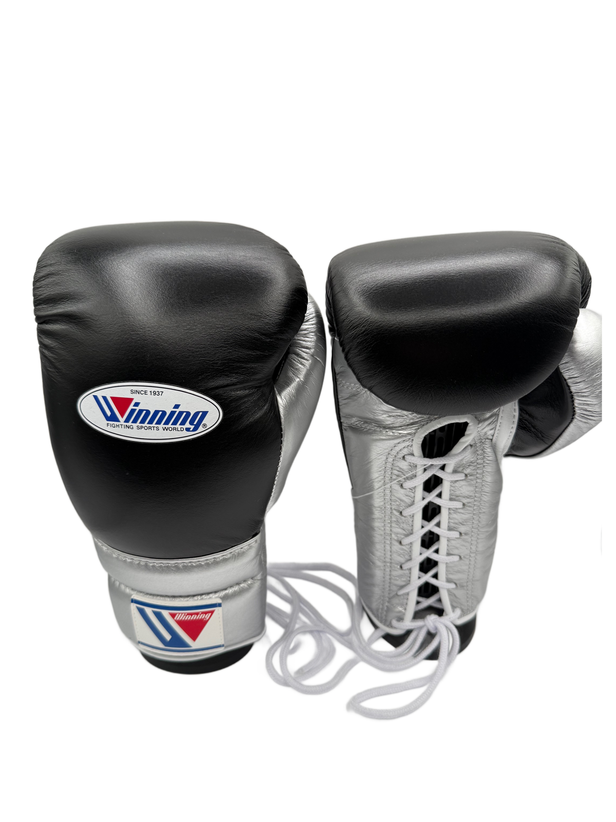 Black & Metallic Silve Winning Lace-Up Boxing Gloves 