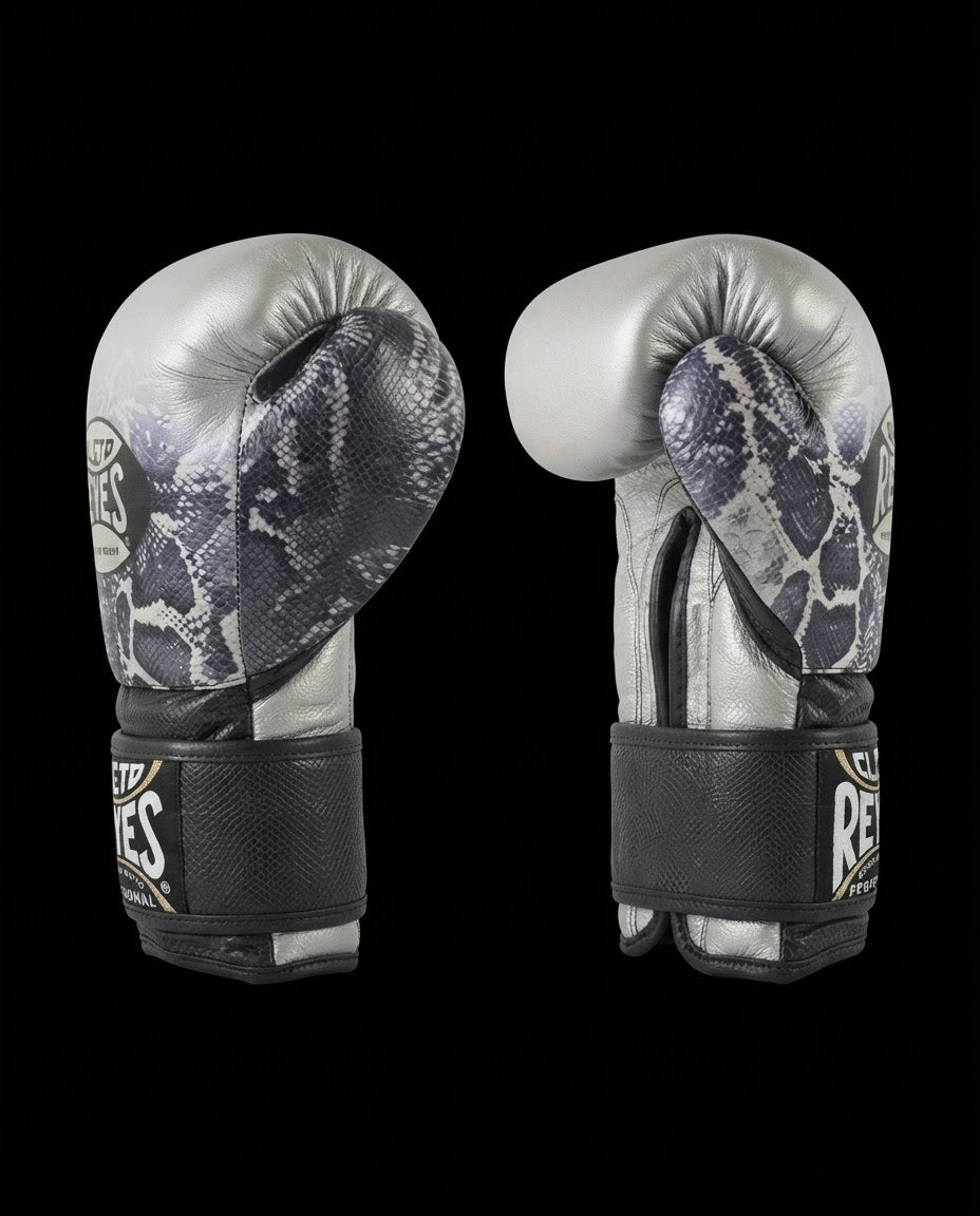 CLETO REYES TRAINING BOXING GLOVES WITH HOOK AND LOOP CLOSURE – SILVER/BLACK STEEL SNAKE