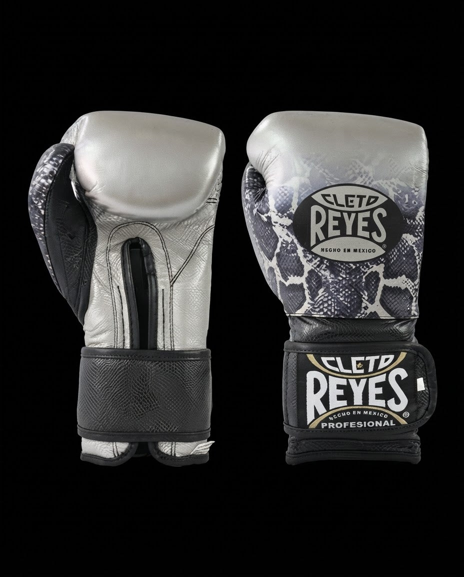 CLETO REYES TRAINING BOXING GLOVES WITH HOOK AND LOOP CLOSURE – SILVER/BLACK STEEL SNAKE