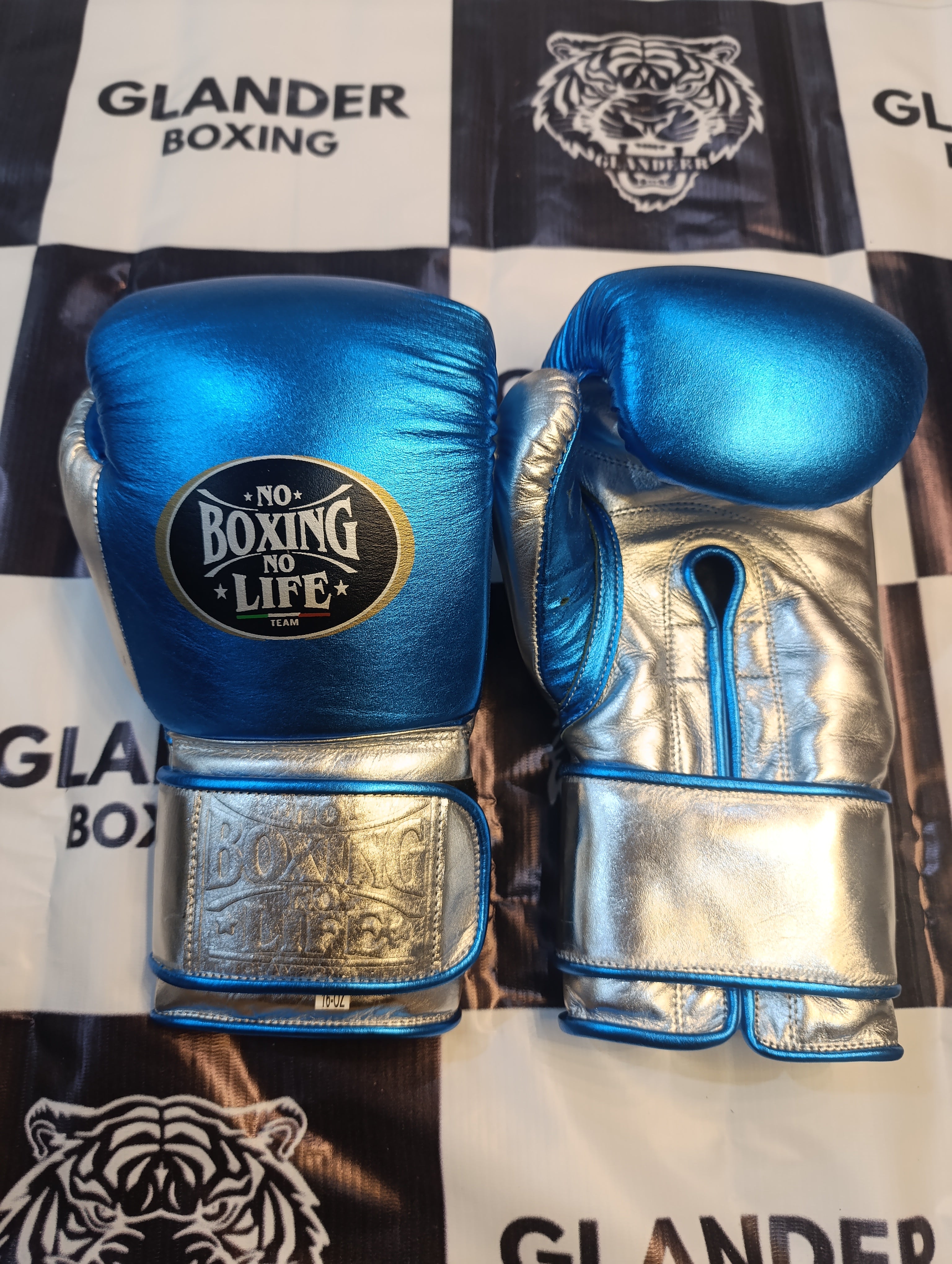 NO BOXING NO LIFE TRAINING GLOVES - METALLIC BLUE & SILVER | 100% Pure Leather | Best Choice for Fighters
