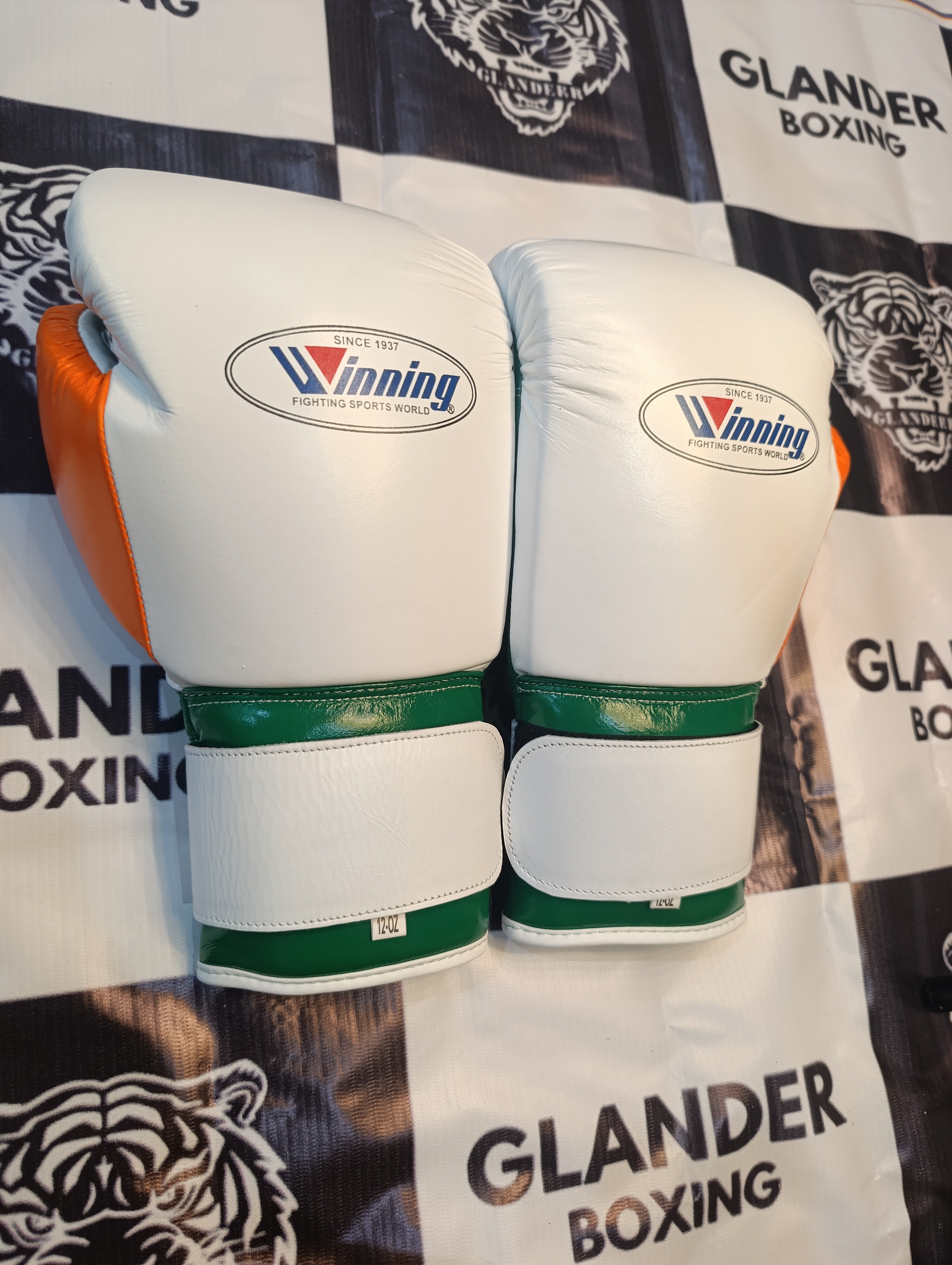 Tri-Color Winning Style Boxing Gloves | White, Orange & Green | Handmade Premium Boxing Gloves | Professional Training Gear