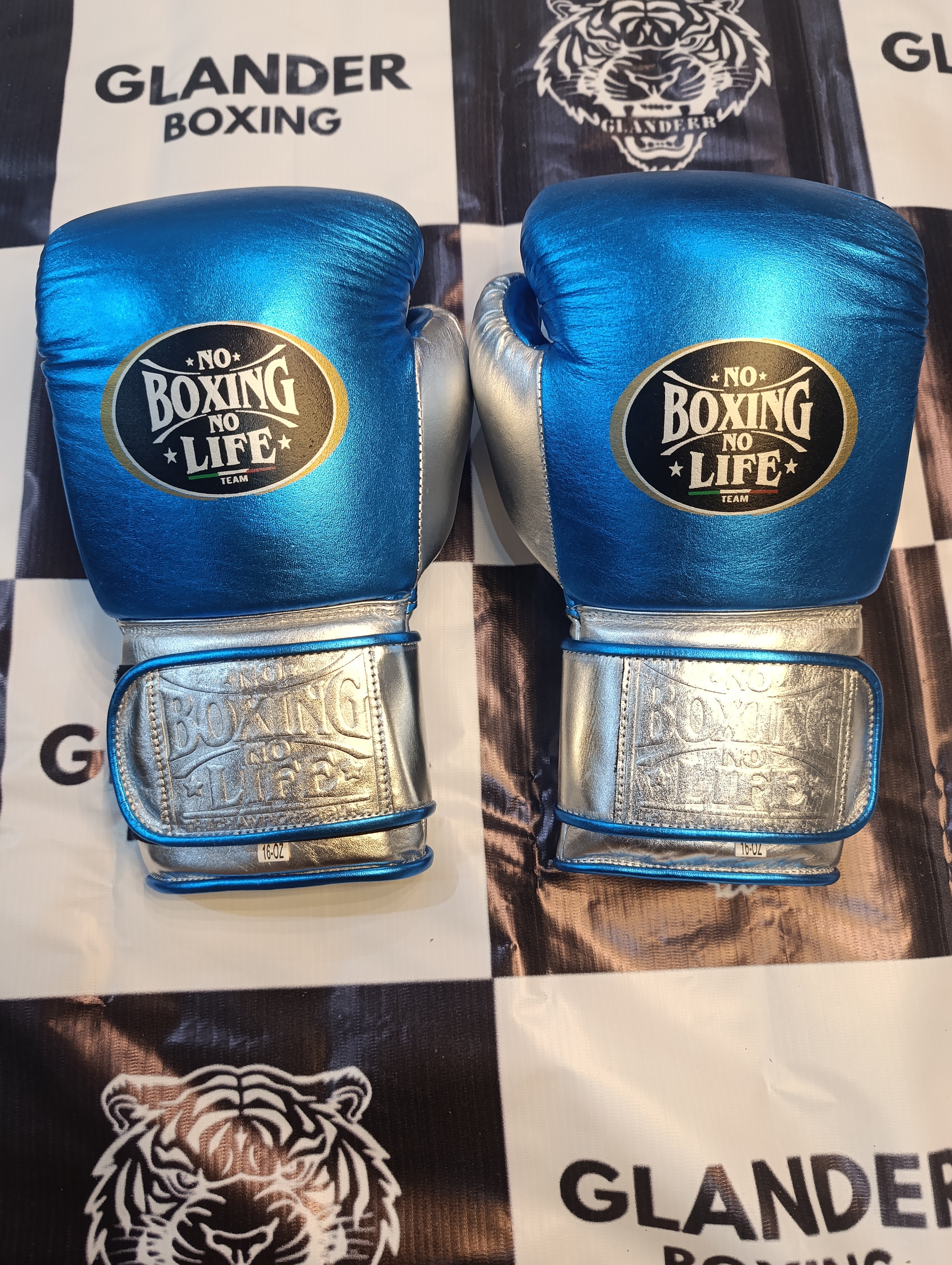 NO BOXING NO LIFE TRAINING GLOVES - METALLIC BLUE & SILVER | 100% Pure Leather | Best Choice for Fighters