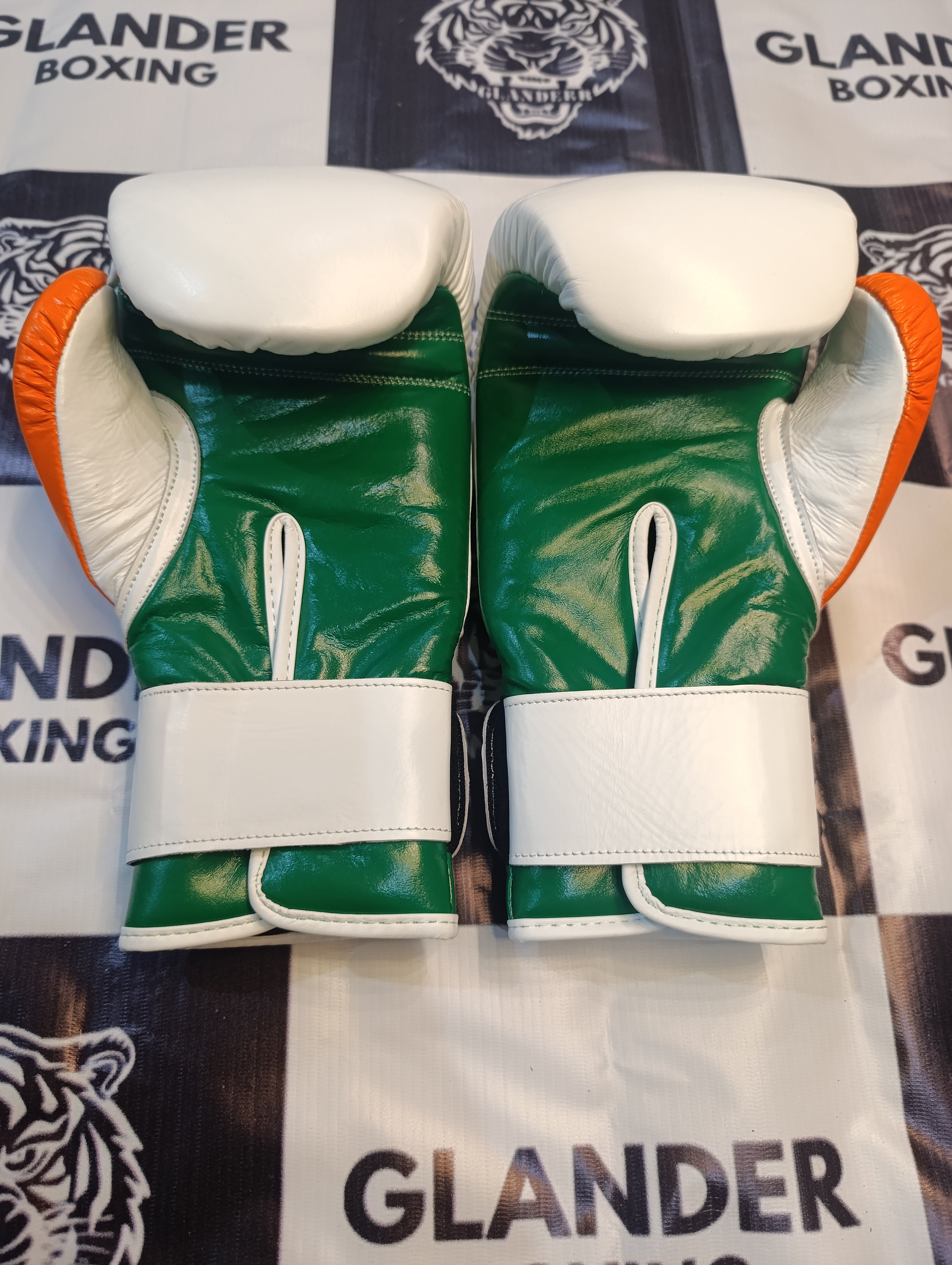 Tri-Color Winning Style Boxing Gloves | White, Orange & Green | Handmade Premium Boxing Gloves | Professional Training Gear