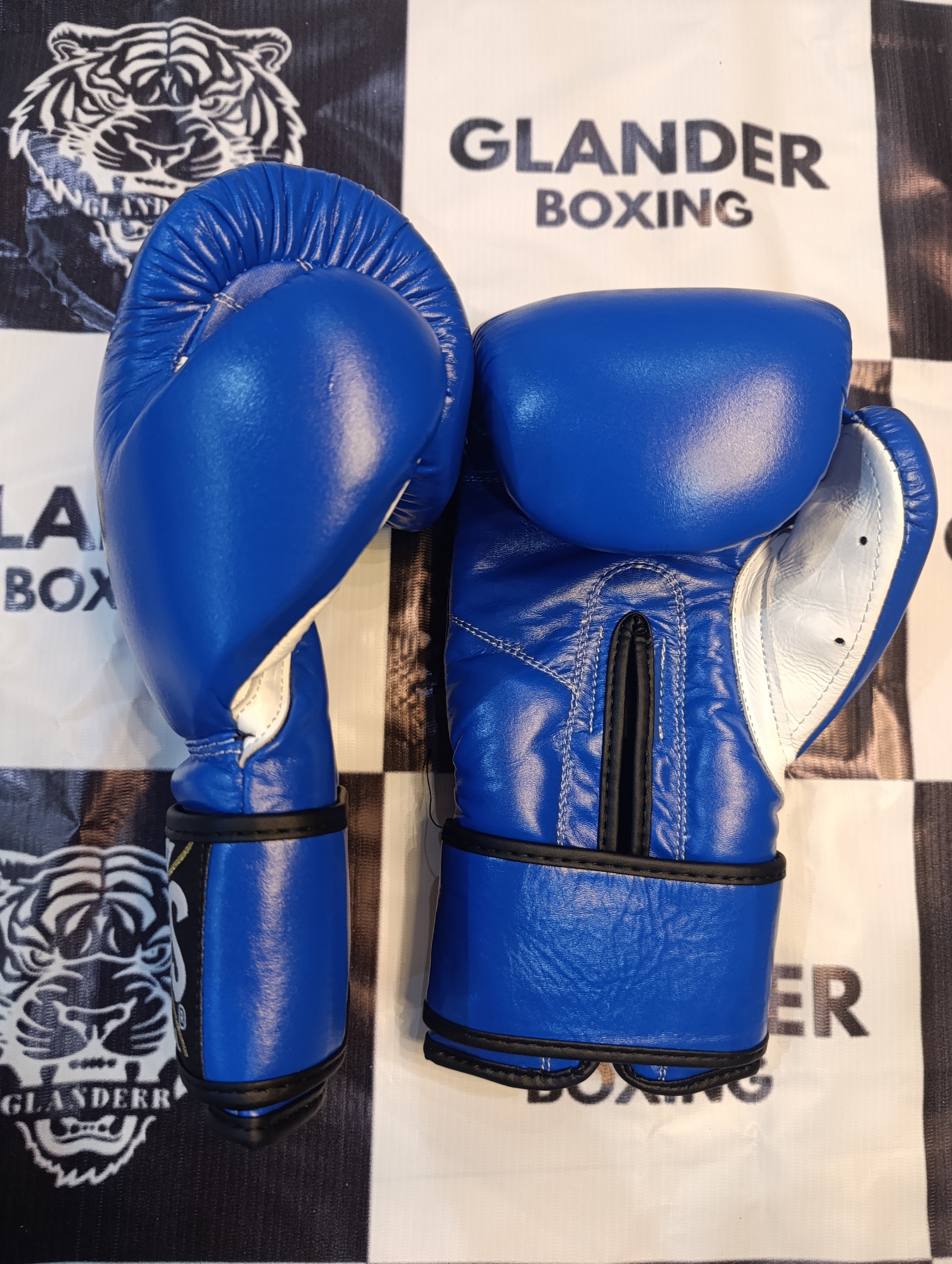 Custom Handmade Blue & White with Black Trim Pro Elite Boxing Gloves | Cleto Reyes | Personalise your name | 100% Pure Leather | Best Choice for Fighters
