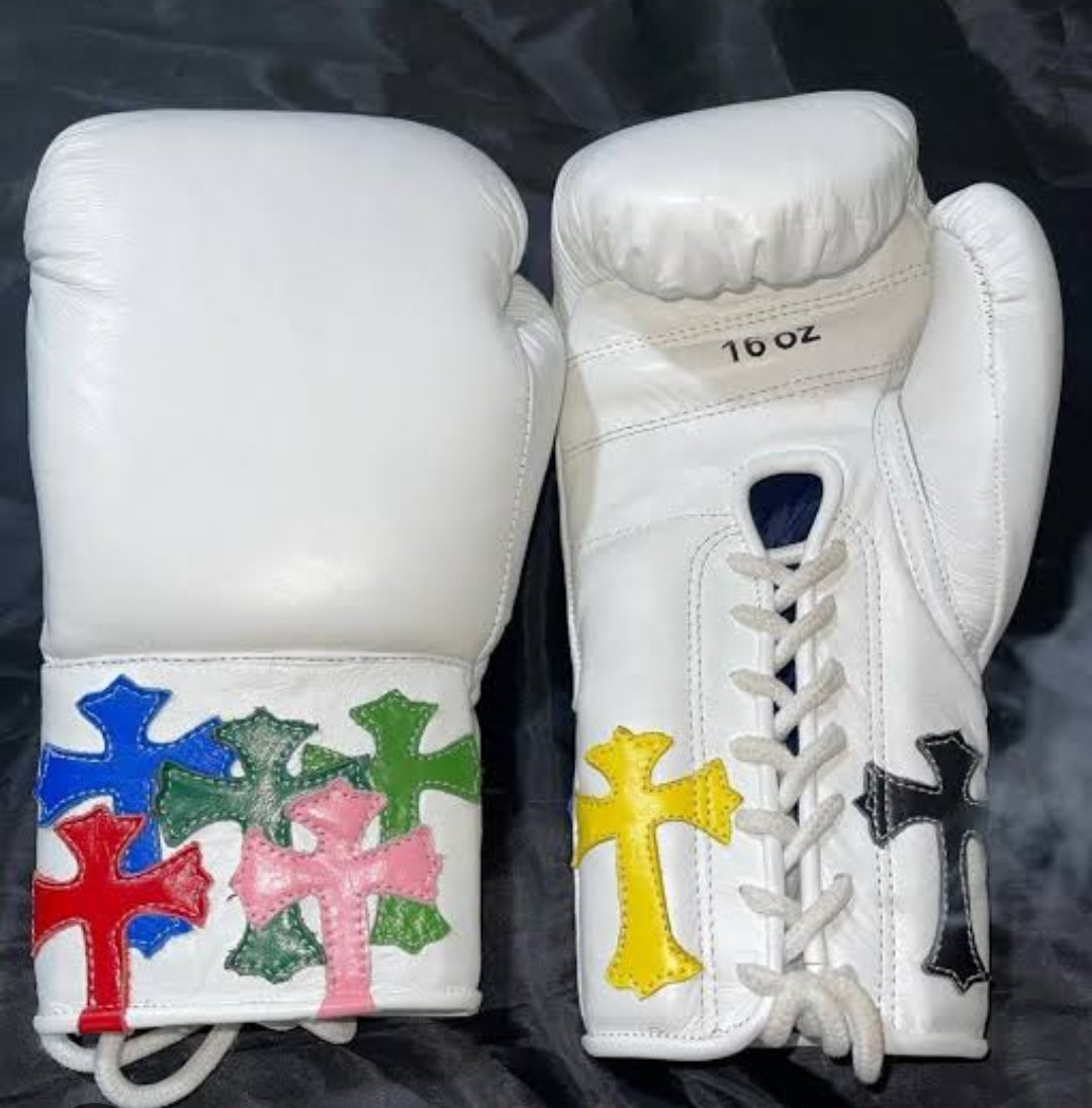 Custom Handmade Chrome Heart Boxing Gloves White | Premium Quality | Cowhide Leather | Personalise your Logo or Name