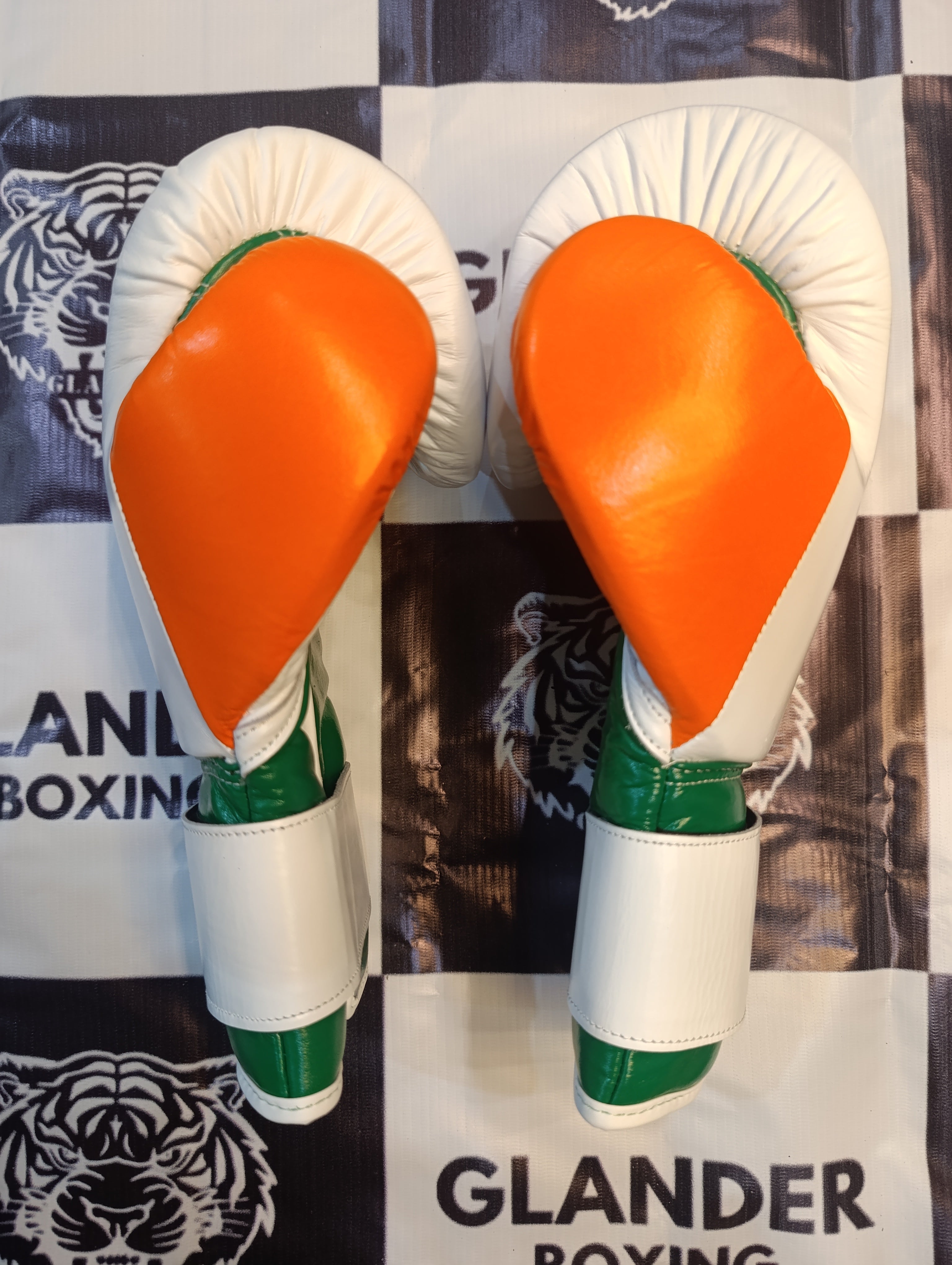 Tri-Color Winning Style Boxing Gloves | White, Orange & Green | Handmade Premium Boxing Gloves | Professional Training Gear