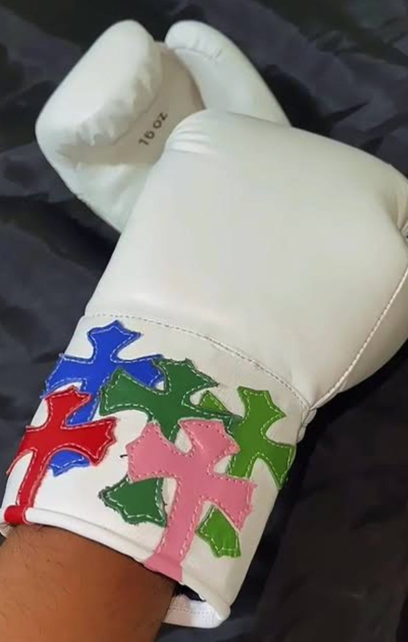 Custom Handmade Chrome Heart Boxing Gloves White | Premium Quality | Cowhide Leather | Personalise your Logo or Name