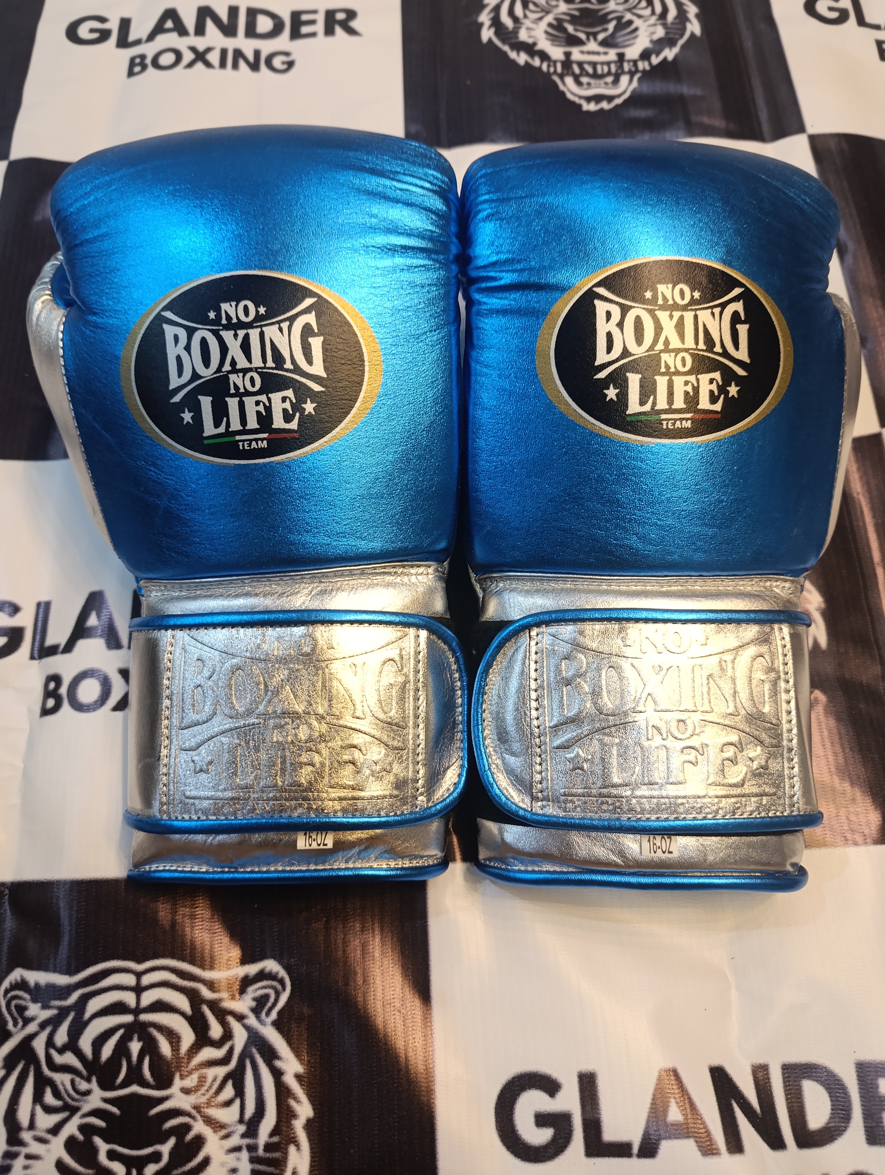 NO BOXING NO LIFE TRAINING GLOVES - METALLIC BLUE & SILVER | 100% Pure Leather | Best Choice for Fighters