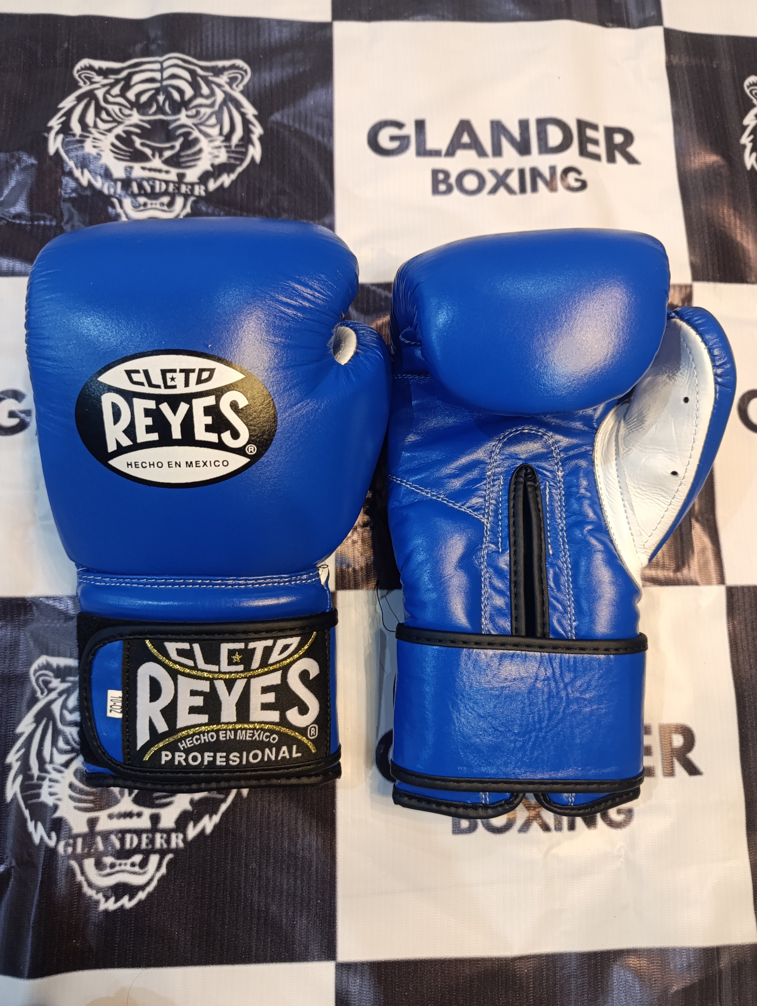 Custom Handmade Blue & White with Black Trim Pro Elite Boxing Gloves | Cleto Reyes | Personalise your name | 100% Pure Leather | Best Choice for Fighters